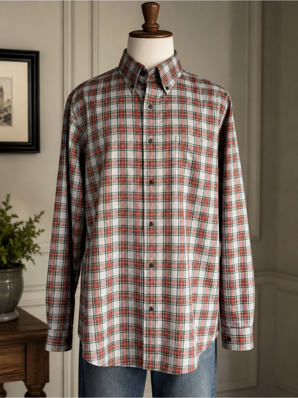 2 L.L. Bean Men's Cotton Plaid Button-Down Shirt in Cream&Red- Navy&Green L
